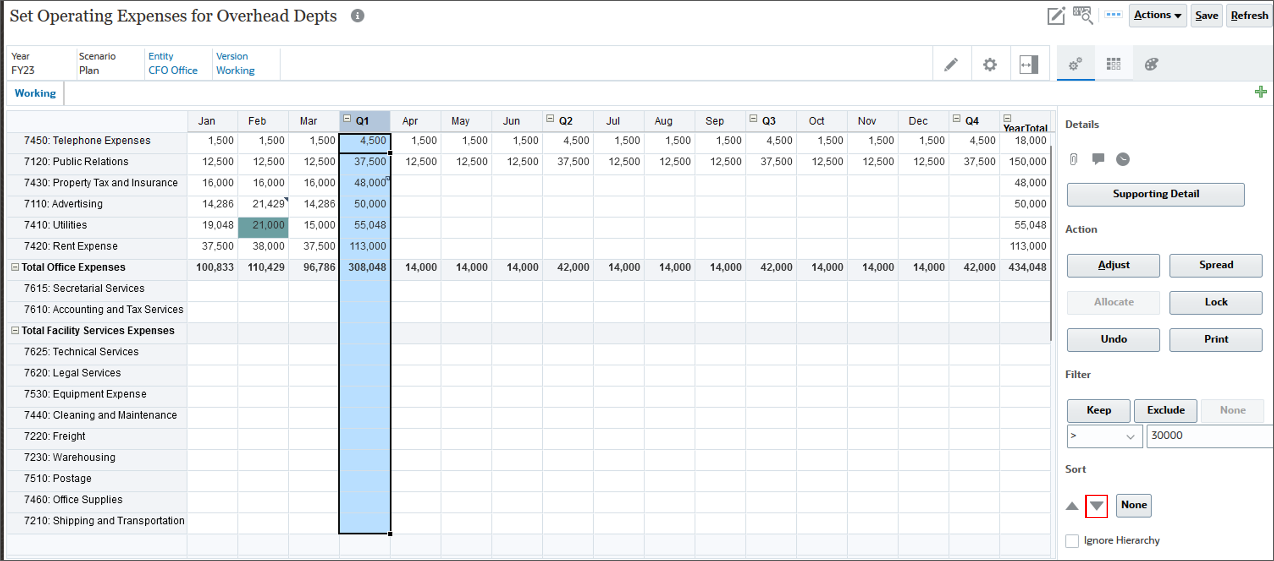 Expense form with Sort Descending Highlighted